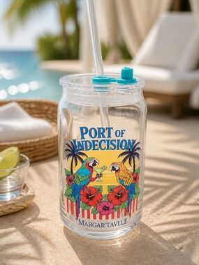Margaritaville Clear Tumbler with Teal Lid, Multicolor Tropical Print